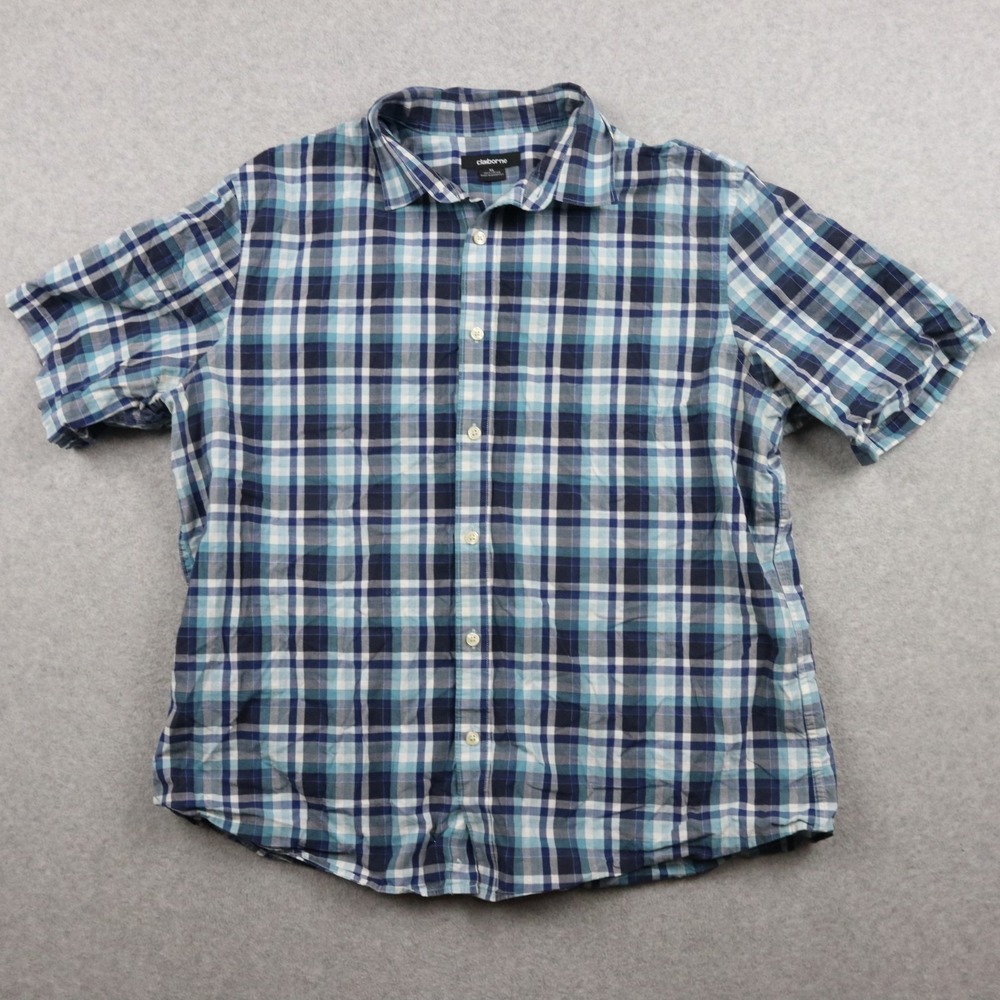 Claiborne Shirt Mens XL Business Casual Cotton Button Up Blue Plaid Short Sleeve